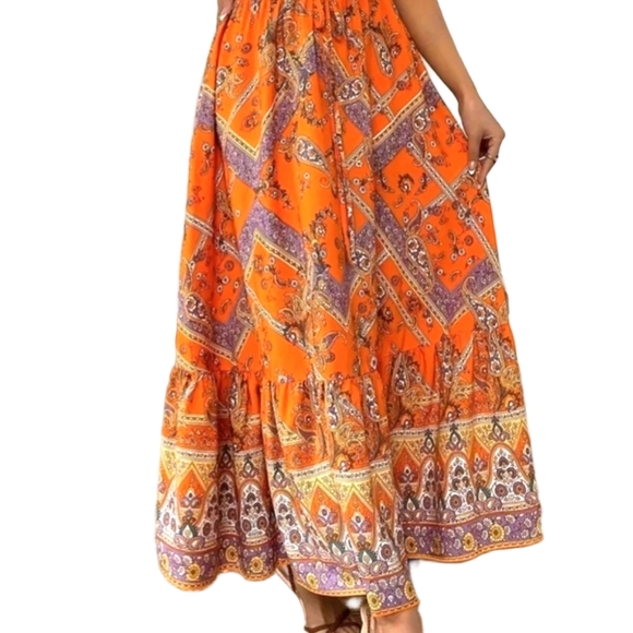 Maxi Skirt Orange Lightweight Flowy Vacay Skirts Vacation Outfit Bohemian Style - Picture 10 of 11